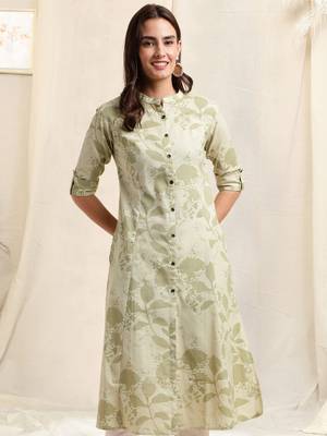 Creamlight green flex cotton jaipuri floral printedbuttons princess a line pattern kurta for women 1