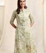 Creamlight green flex cotton jaipuri floral printedbuttons princess a line pattern kurta for women