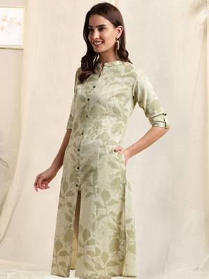 Creamlight green flex cotton jaipuri floral printedbuttons princess a line pattern kurta for women 2