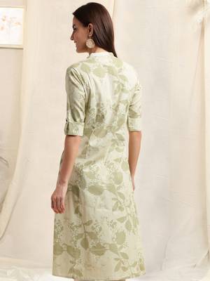 Creamlight green flex cotton jaipuri floral printedbuttons princess a line pattern kurta for women 3