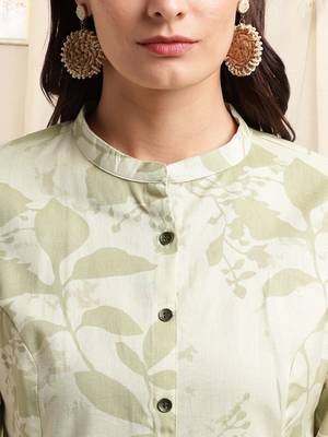 Creamlight green flex cotton jaipuri floral printedbuttons princess a line pattern kurta for women 4