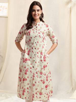 Creamcrimson flex cotton jaipuri floral printedbuttons princess a line pattern kurta for women 1