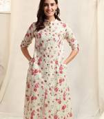 Creamcrimson flex cotton jaipuri floral printedbuttons princess a line pattern kurta for women