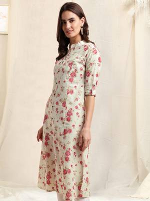 Creamcrimson flex cotton jaipuri floral printedbuttons princess a line pattern kurta for women 2