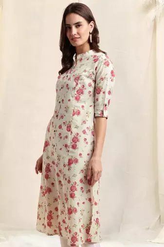 Creamcrimson flex cotton jaipuri floral printedbuttons princess a line pattern kurta for women