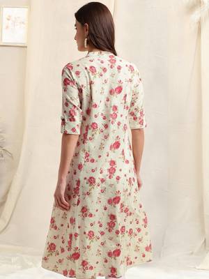 Creamcrimson flex cotton jaipuri floral printedbuttons princess a line pattern kurta for women 3