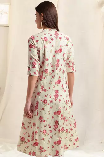 Creamcrimson flex cotton jaipuri floral printedbuttons princess a line pattern kurta for women