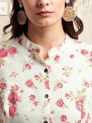 Creamcrimson flex cotton jaipuri floral printedbuttons princess a line pattern kurta for women 4