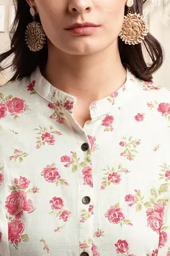 Creamcrimson flex cotton jaipuri floral printedbuttons princess a line pattern kurta for women