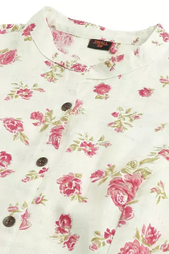 Creamcrimson flex cotton jaipuri floral printedbuttons princess a line pattern kurta for women