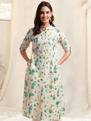 Creamteal flex cotton jaipuri floral printedbuttons princess a line pattern kurta for women 1
