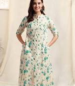 Creamteal flex cotton jaipuri floral printedbuttons princess a line pattern kurta for women