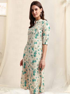 Creamteal flex cotton jaipuri floral printedbuttons princess a line pattern kurta for women 2