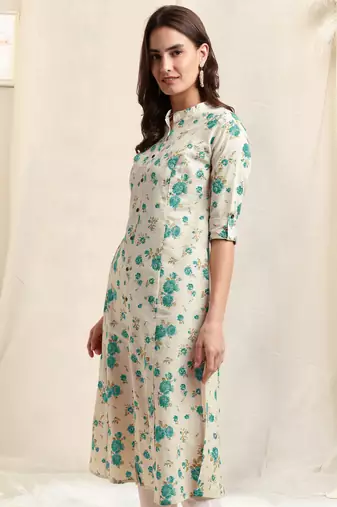 Creamteal flex cotton jaipuri floral printedbuttons princess a line pattern kurta for women