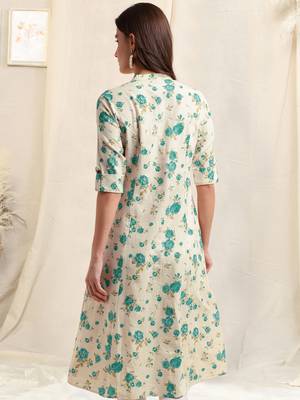 Creamteal flex cotton jaipuri floral printedbuttons princess a line pattern kurta for women 3
