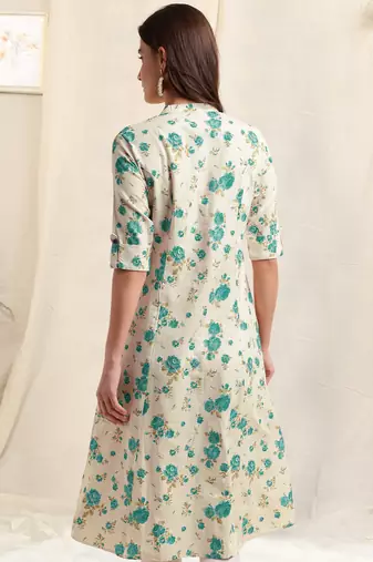 Creamteal flex cotton jaipuri floral printedbuttons princess a line pattern kurta for women