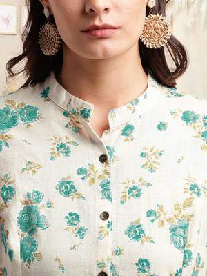Creamteal flex cotton jaipuri floral printedbuttons princess a line pattern kurta for women 4