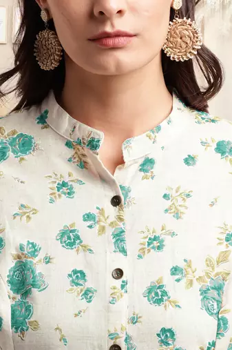 Creamteal flex cotton jaipuri floral printedbuttons princess a line pattern kurta for women