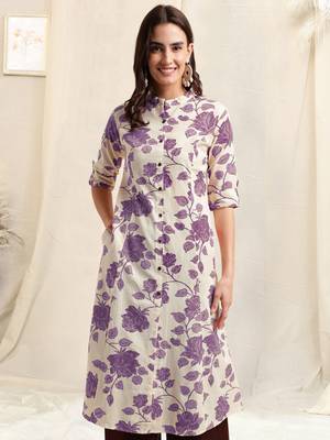 Creampurple flex cotton jaipuri floral printedbuttons princess a line pattern kurta for women 1