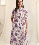 Creampurple flex cotton jaipuri floral printedbuttons princess a line pattern kurta for women