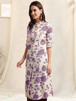 Creampurple flex cotton jaipuri floral printedbuttons princess a line pattern kurta for women 2