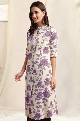 Creampurple flex cotton jaipuri floral printedbuttons princess a line pattern kurta for women