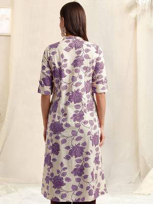 Creampurple flex cotton jaipuri floral printedbuttons princess a line pattern kurta for women 3