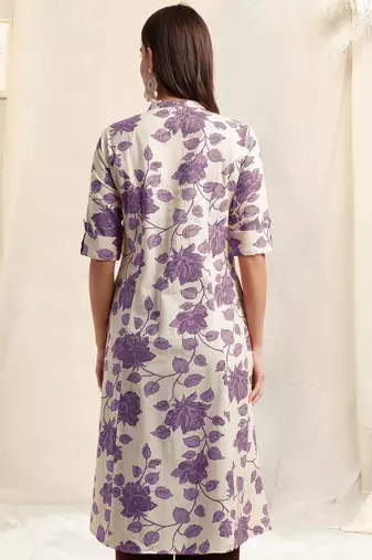 Creampurple flex cotton jaipuri floral printedbuttons princess a line pattern kurta for women