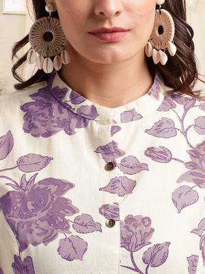 Creampurple flex cotton jaipuri floral printedbuttons princess a line pattern kurta for women 4