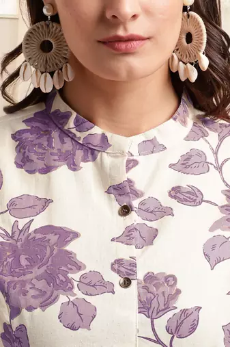 Creampurple flex cotton jaipuri floral printedbuttons princess a line pattern kurta for women