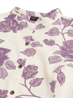 Creampurple flex cotton jaipuri floral printedbuttons princess a line pattern kurta for women 5