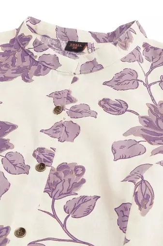 Creampurple flex cotton jaipuri floral printedbuttons princess a line pattern kurta for women