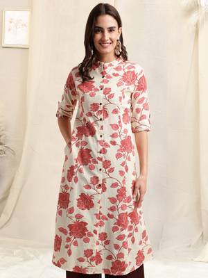 Creamcrimson flex cotton jaipuri floral printedbuttons princess a line pattern kurta for women 1
