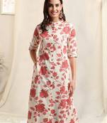 Creamcrimson flex cotton jaipuri floral printedbuttons princess a line pattern kurta for women