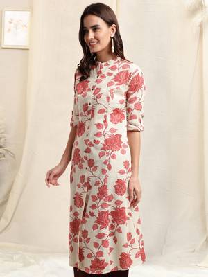 Creamcrimson flex cotton jaipuri floral printedbuttons princess a line pattern kurta for women 2