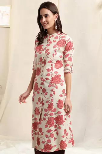 Creamcrimson flex cotton jaipuri floral printedbuttons princess a line pattern kurta for women