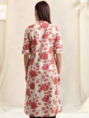 Creamcrimson flex cotton jaipuri floral printedbuttons princess a line pattern kurta for women 3