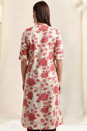 Creamcrimson flex cotton jaipuri floral printedbuttons princess a line pattern kurta for women