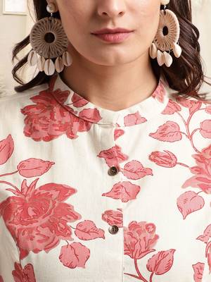 Creamcrimson flex cotton jaipuri floral printedbuttons princess a line pattern kurta for women 4