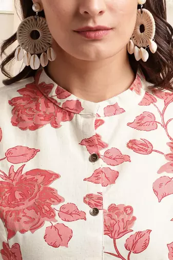 Creamcrimson flex cotton jaipuri floral printedbuttons princess a line pattern kurta for women