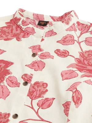 Creamcrimson flex cotton jaipuri floral printedbuttons princess a line pattern kurta for women 5