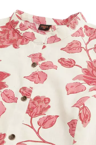 Creamcrimson flex cotton jaipuri floral printedbuttons princess a line pattern kurta for women