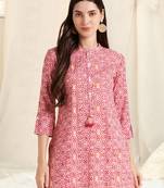 Light pink pink rayon printed mirror handwork buttons tassles kurta for women