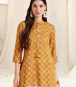 Mustard brown rayon printed mirror handwork buttons tassles kurta for women