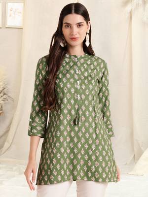 Dusty green white rayon printed mirror handwork buttons tassles kurta for women 1