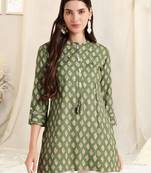Dusty green white rayon printed mirror handwork buttons tassles kurta for women