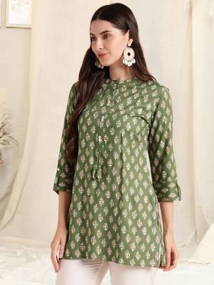Dusty green white rayon printed mirror handwork buttons tassles kurta for women 2