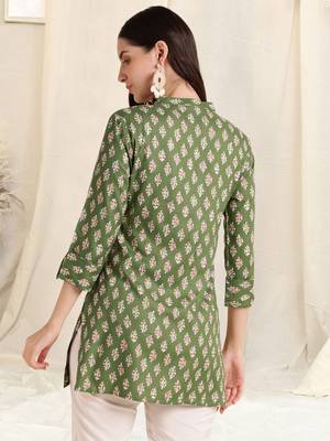 Dusty green white rayon printed mirror handwork buttons tassles kurta for women 3