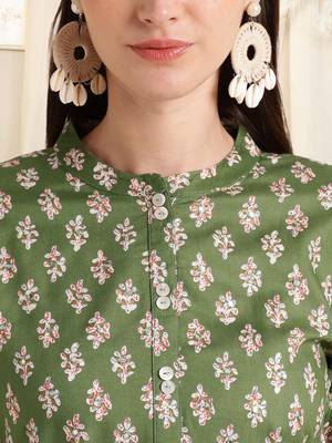 Dusty green white rayon printed mirror handwork buttons tassles kurta for women 4