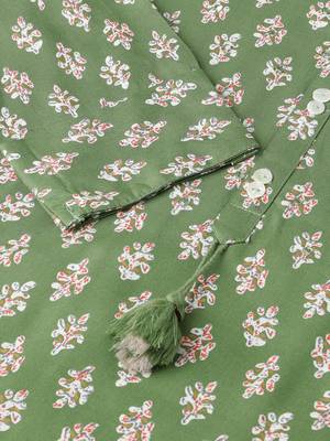 Dusty green white rayon printed mirror handwork buttons tassles kurta for women 5